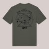 Khaki Unisex-T-Shirt mit großem Rückenprint einer Karpfen-Illustration im Zodiac-Stil und dem Schriftzug 'C.A.R.P – The Zodiac Sign – CARE