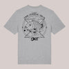 Hellgraues Unisex-T-Shirt mit großem Rückenprint einer Karpfen-Illustration im Zodiac-Stil und dem Schriftzug 'C.A.R.P – The Zodiac Sign – CARE