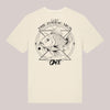 Naturfarbenes Unisex-T-Shirt mit großem Rückenprint einer Karpfen-Illustration im Zodiac-Stil und dem Schriftzug 'C.A.R.P – The Zodiac Sign – CARE