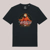 Schwarzes Unisex-T-Shirt mit Frontprint eines fischköpfigen Charakters in Mönchsrobe, dem Schriftzug 'Carpfishing is my religion' und CARE-Branding – spirituelles Karpfenangler-Design im Retro-Stil