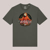 Khaki Unisex-T-Shirt mit Frontprint eines fischköpfigen Charakters in Mönchsrobe, dem Schriftzug 'Carpfishing is my religion' und CARE-Branding – spirituelles Karpfenangler-Design im Retro-Stil