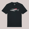 Schwarzes T-Shirt mit Wobbler-Illustration und Spruch ‚Silent Waters, Loud Strikes!‘ – für Hechtangler