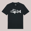 Schwarzes Unisex-T-Shirt mit weißem Zander-Illustrationsdruck und dem Schriftzug 'Tock Sucht' – Frontansicht auf neutralem Hintergrund