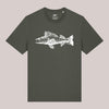 Khaki Unisex-T-Shirt mit weißem Zander-Illustrationsdruck und dem Schriftzug 'Tock Sucht' – Frontansicht auf neutralem Hintergrund
