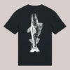 Schwarzes Unisex-T-Shirt mit großem weißen Rückenprint eines stilisierten Zanders mit dem Schriftzug 'Tock Sucht' – kontraststarkes Streetwear-Design für Raubfischangler