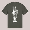Khaki Unisex-T-Shirt mit großem weißen Rückenprint eines stilisierten Zanders mit dem Schriftzug 'Tock Sucht' – kontraststarkes Streetwear-Design für Raubfischangler