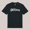 Schwarzes Unisex-T-Shirt mit großem weißen CARE-fishing-Schriftzug auf der Brust – klares Streetwear-Basic für Angler und Szene-Fans