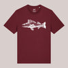 Burgundy Unisex-T-Shirt mit weißem Zander-Illustrationsdruck und dem Schriftzug 'Tock Sucht' – Frontansicht auf neutralem Hintergrund