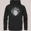 Schwarzer Unisex Bio-Baumwolle Hoodie mit weißem Frontprint eines stilisierten Eis-Vogels im Mandala-Stil, CARE-Schriftzug und ornamentalem Rahmen – ausdrucksstarkes Naturdesign