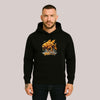 Schwarzer Unisex Bio-Baumwolle Hoodie mit auffälligem Frontprint eines mechanischen Karpfens im Mecha-Stil mit orange-goldenen Details, Wassersplash-Effekt und CARE-fishing-Schriftzug