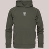 Khaki Unisex Bio-Baumwolle Hoodie mit kleinem weißen CARE-Logo auf der Brust – minimalistisches Streetwear-Basic für Angler & Szene-Fans