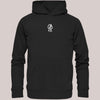 Schwarzer Unisex Bio-Baumwolle Hoodie mit kleinem weißen CARE-Logo auf der Brust – minimalistisches Streetwear-Basic für Angler & Szene-Fans