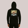 Schwarzer Unisex Bio-Baumwolle Hoodie mit farbigem Rückenprint eines springenden Karpfens über einem Eimer Trash vor See-Kulisse, CARE-Schriftzug und Text 'Be careful with what you love' – detailreiches Anglerdesign