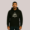 Schwarzer Unisex Bio-Baumwolle Hoodie mit beigem Frontprint im Kompass-Design, CARE fishing-Schriftzug und stilisierter Berggrafik – minimalistischer Outdoor-Look