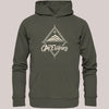 Khaki Unisex Bio-Baumwolle Hoodie mit beigem Frontprint im Kompass-Design, CARE fishing-Schriftzug und stilisierter Berggrafik – minimalistischer Outdoor-Look