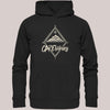 Schwarzer Unisex Bio-Baumwolle Hoodie mit beigem Frontprint im Kompass-Design, CARE fishing-Schriftzug und stilisierter Berggrafik – minimalistischer Outdoor-Look