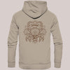 Sandfarbenes Unisex Bio-Baumwolle Hoodie mit detailliertem Rückenprint einer stilisierten Monsterkrabbe im Mandala-Stil und dem Schriftzug 'Monster Crab – CARE fishing