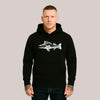 Schwarzer Bio-Baumwolle Unisex Hoodie mit weißem Zander-Illustrationsdruck und dem Schriftzug 'Tock Sucht' – Frontansicht auf neutralem Hintergrund