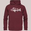 Burgundy Bio-Baumwolle Unisex Hoodie mit weißem Zander-Illustrationsdruck und dem Schriftzug 'Tock Sucht' – Frontansicht auf neutralem Hintergrund
