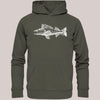 Khaki Bio-Baumwolle Unisex Hoodie mit weißem Zander-Illustrationsdruck und dem Schriftzug 'Tock Sucht' – Frontansicht auf neutralem Hintergrund
