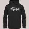 Schwarzer Bio-Baumwolle Unisex Hoodie mit weißem Zander-Illustrationsdruck und dem Schriftzug 'Tock Sucht' – Frontansicht auf neutralem Hintergrund