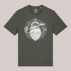 Khaki Unisex-T-Shirt mit weißem Frontprint eines stilisierten Eis-Vogels im Mandala-Stil, CARE-Schriftzug und ornamentalem Rahmen – ausdrucksstarkes Naturdesign