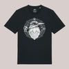 Schwarzes Unisex-T-Shirt mit weißem Frontprint eines stilisierten Eis-Vogels im Mandala-Stil, CARE-Schriftzug und ornamentalem Rahmen – ausdrucksstarkes Naturdesign