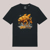 Schwarzes Unisex-T-Shirt mit auffälligem Frontprint eines mechanischen Karpfens im Mecha-Stil mit orange-goldenen Details, Wassersplash-Effekt und CARE-fishing-Schriftzug