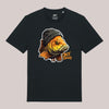 Schwarzes Unisex-T-Shirt mit Frontprint eines Karpfens mit Mütze und CAREfishing-Schriftzug – urbanes Anglerdesign mit Humor