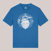 Blaues Unisex-T-Shirt mit weißem Frontprint eines stilisierten Eis-Vogels im Mandala-Stil, CARE-Schriftzug und ornamentalem Rahmen – ausdrucksstarkes Naturdesign